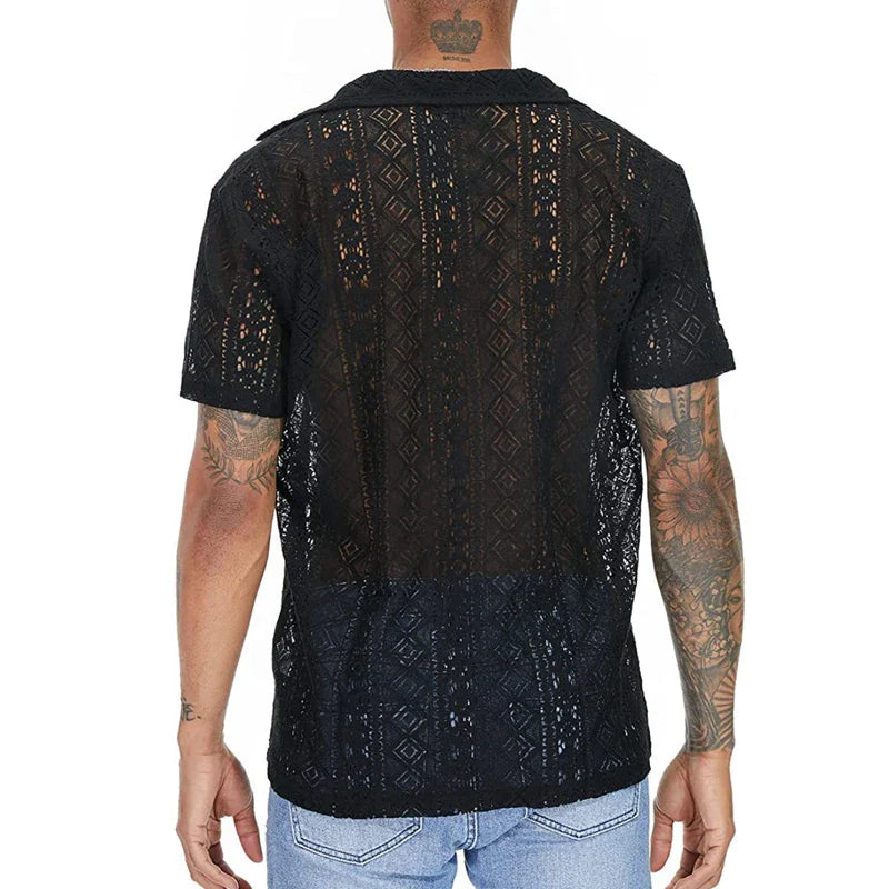 Men's Short-Sleeve Hollow-Out Lace Shirt Single Breasted Lapel Perspective Shirt Top
