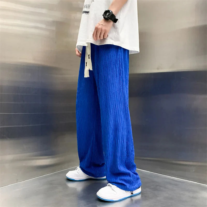 saferido Summer Ice Silk Pants Men Fashion Oversized Wide Leg Pants Men Japanese Streetwear Hip Hop Loose Pleated Pants Mens Trousers
