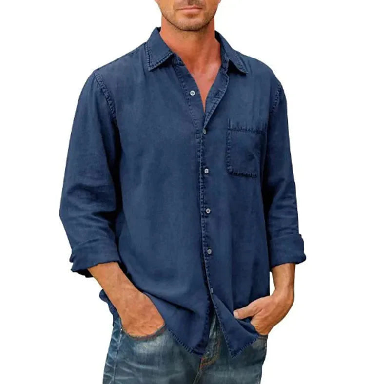 saferido Spring Autumn New Mens Denim Long Sleeve Button Down Pocket Shirt Retro Work Male Slim Fit Solid Color Casual Fashion Tops