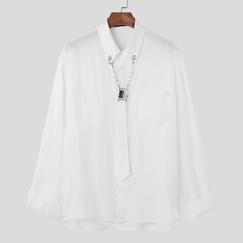 Men Shirt Solid Color Lapel Long Sleeve Chain Tie Streetwear Casual Men Clothing Loose Autumn Fashion Camisas S-5XL