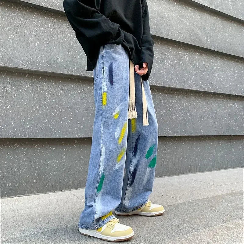 saferido Men's Jeans Painted Y2k Streetwear Trousers Harajuku Man Cowboy Pants Straight Tie Dye Hip Hop Y2k Vintage Stacked Cotton