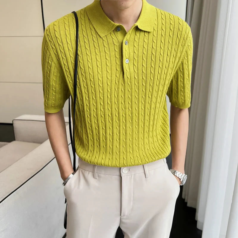 saferido Summer Men's Half Sleeve Knitted T-shirt Polo Lapel Collar Top Slim Fit Tshirts British Style Clothes Solid Color T Shirts