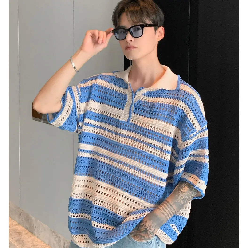 saferido American retro striped contrasting knitted polo shirt loose summer new style lapel casual short sleeved men and women T-shirt
