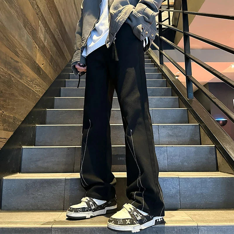 saferido Men Black Low Rise Denim Pants Vintage Korean Fashions Japanese Style Casual Jeans Y2k Streetwear Stacked Jeans Pants Hip Hop