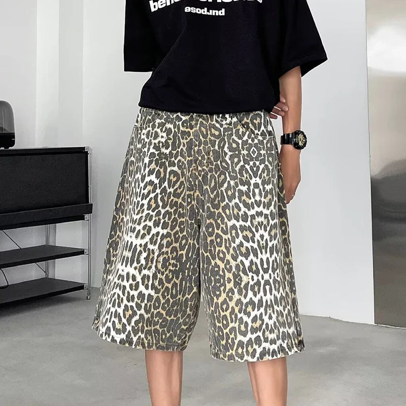 Leopard Print Design Personality Trendy Seven-point Pants Korean Original New Men Fashion Street Men's Shorts LZ3181