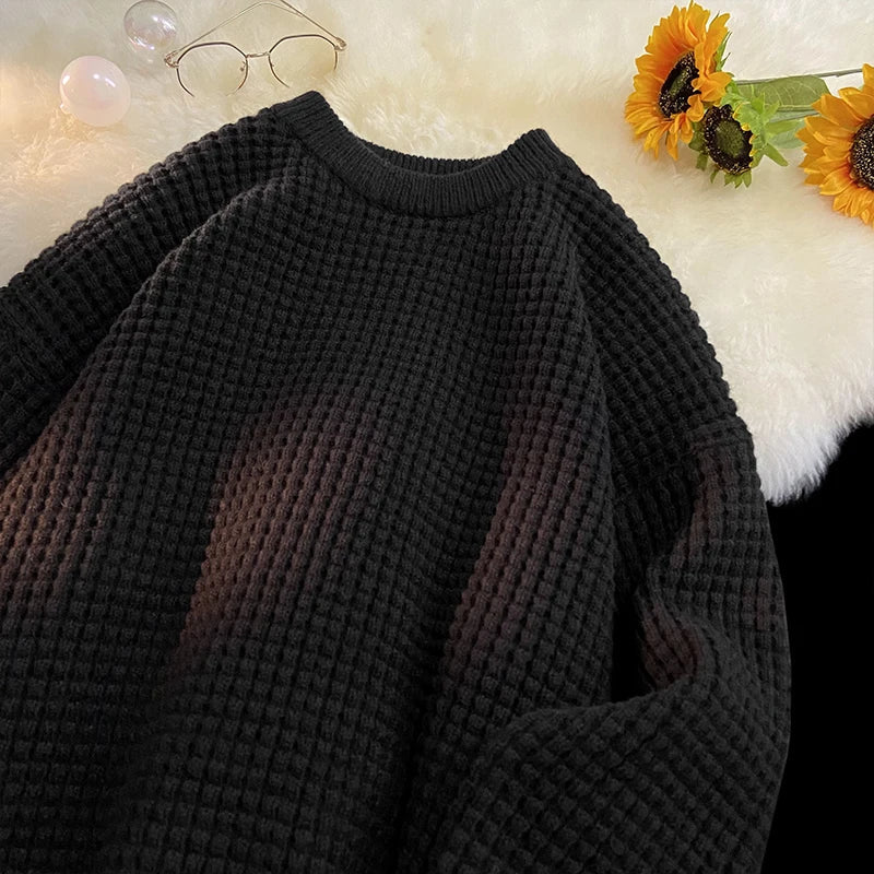 saferido Korean Solid Color Baggy Sweater Men's Knitting Pullovers Crew Neck Pullover Women Harajuku Knitwear Christmas Red Knitted