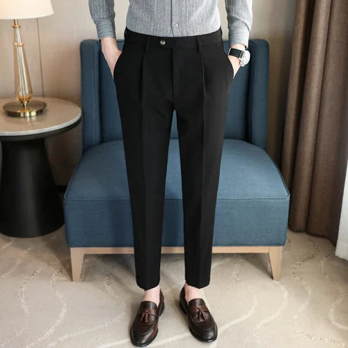 saferido British Style Men High Waist Dress Pants Autumn Solid Color Casual Trousers Slim Fit Formal Suit Pants Fashion Men Clothing 38