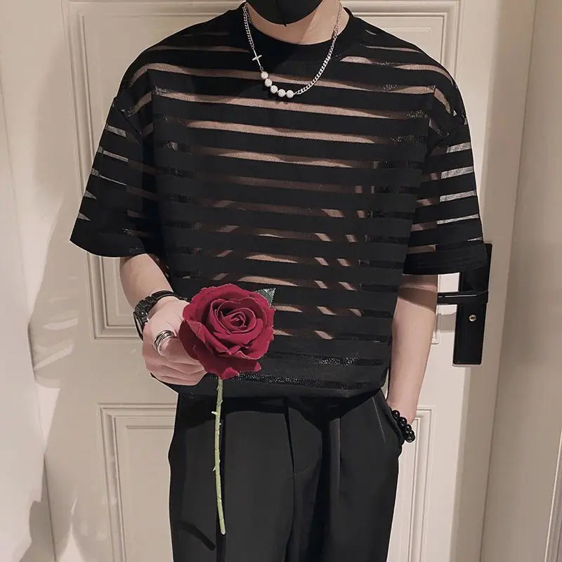 saferido Korean New Men's Clothing Fashion Hollow Out Striped Tops Man Comfortable Breathable Lace Thin Style T-shirt