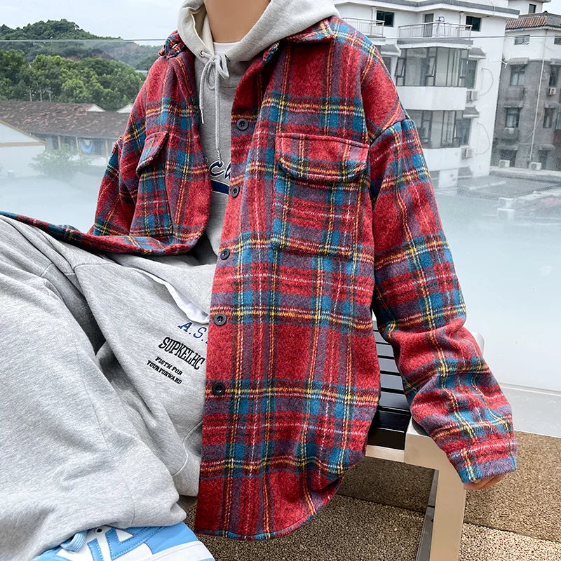 saferido Thick Plaid Woolen Coat Men Warm Oversized Retro Thickened Woolen Jacket Mens Streetwear Korean Loose Short Woolen Coat Men