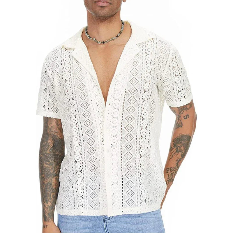 Men's Short-Sleeve Hollow-Out Lace Shirt Single Breasted Lapel Perspective Shirt Top