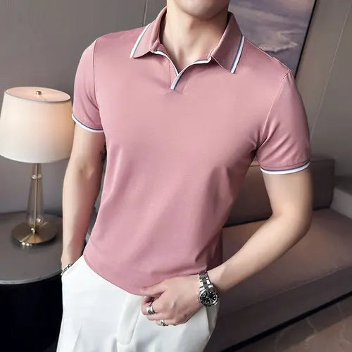 saferido Summer New Style Men's Casual Slim Fit Short Sleeve Solid Color POLO Shirt British Slim Lapel Color Blue T-shirt Polo S-4XL