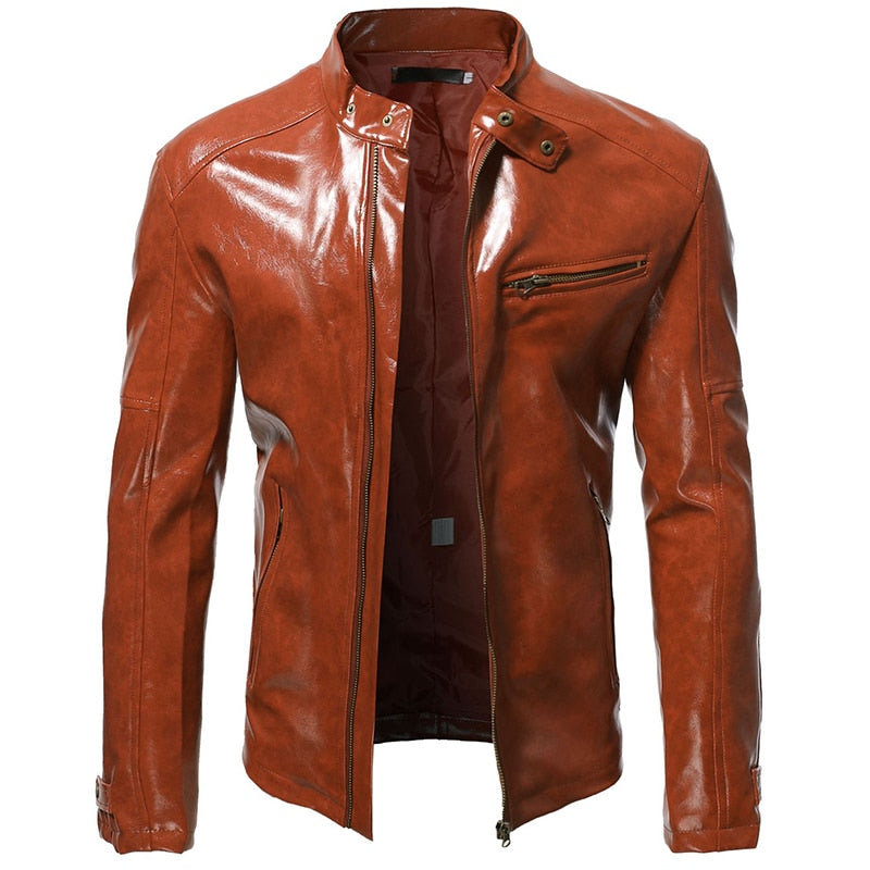 Men's Autumn New Shiny Leather Jacket Fashion Self-cultivation Stand-up Collar Motorcycle Suit PU Handsome Short Top S-5XL