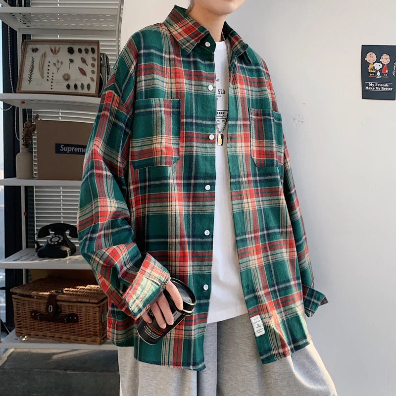 saferido Long Sleeved Shirt Men Oversized Fashion Retro Plaid Shirt Men Streetwear Loose Casual Shirt Mens Vintage Shirts Plus Size 5XL