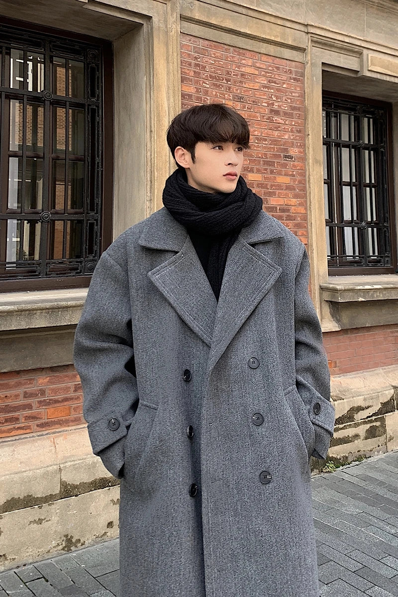 saferido Winter High Quality Woolen Trench Coats Men Korean Style Luxury Male Casual Trenchcoat Men's Streetwear Gray/Khaki/Black