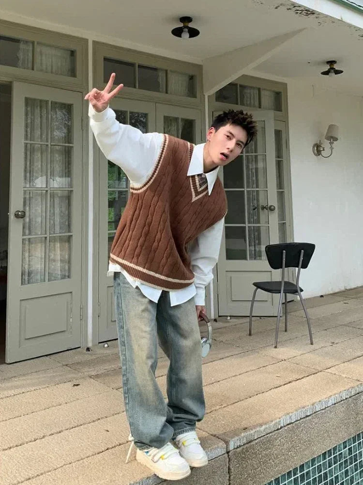V Neck Knit Sweater Male Black Waistcoat Striped Brown Vest Men's Clothing Sleeveless Aesthetic Meme Old Korean Autumn Clothes A