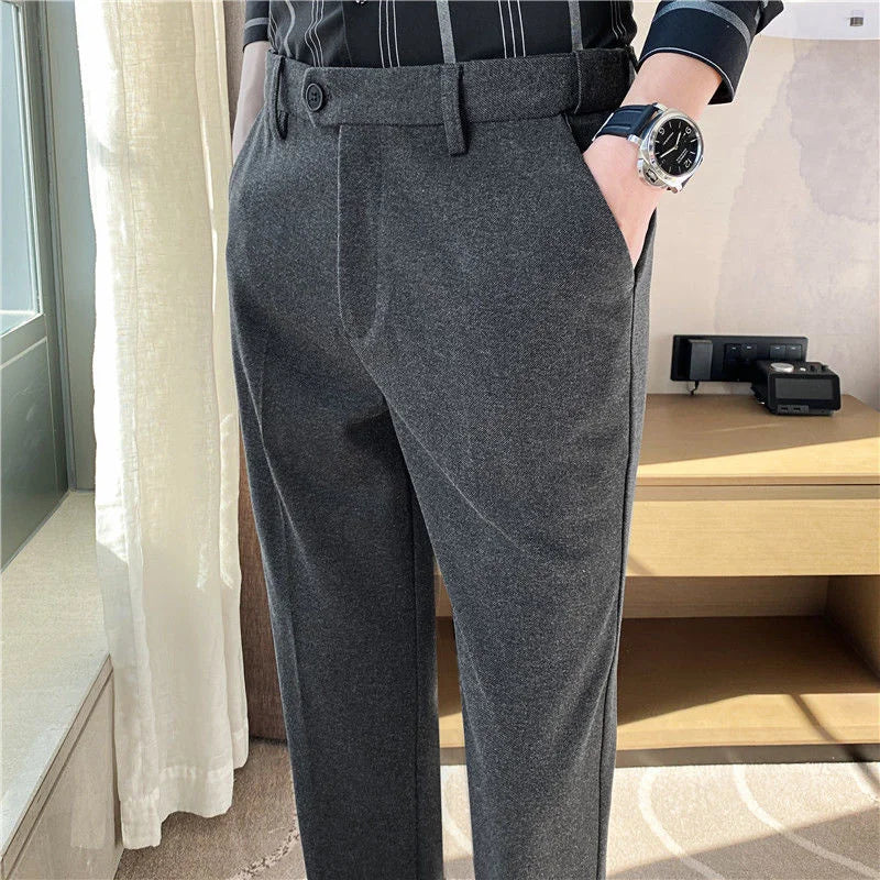 saferido Thick Men's Suit Pants Autumn Winter Brushed Woolen Loose Slim Solid Youth Pants Trend Casual Business Pencil Trousers Oversized
