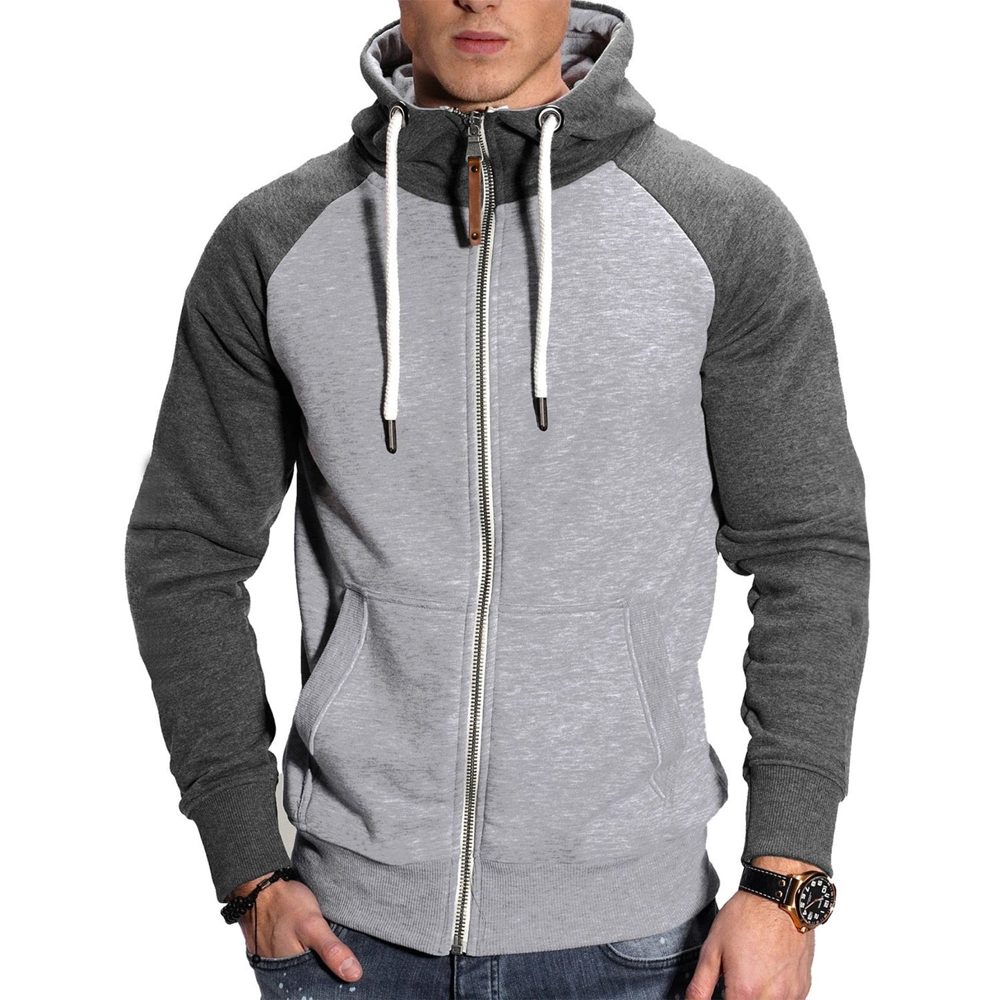 Autumn and Winter Men's Color Matching Sport Plus Fleece Cardigan Hoodie Casual Fashion European Code with Rotator Sleeve Coat