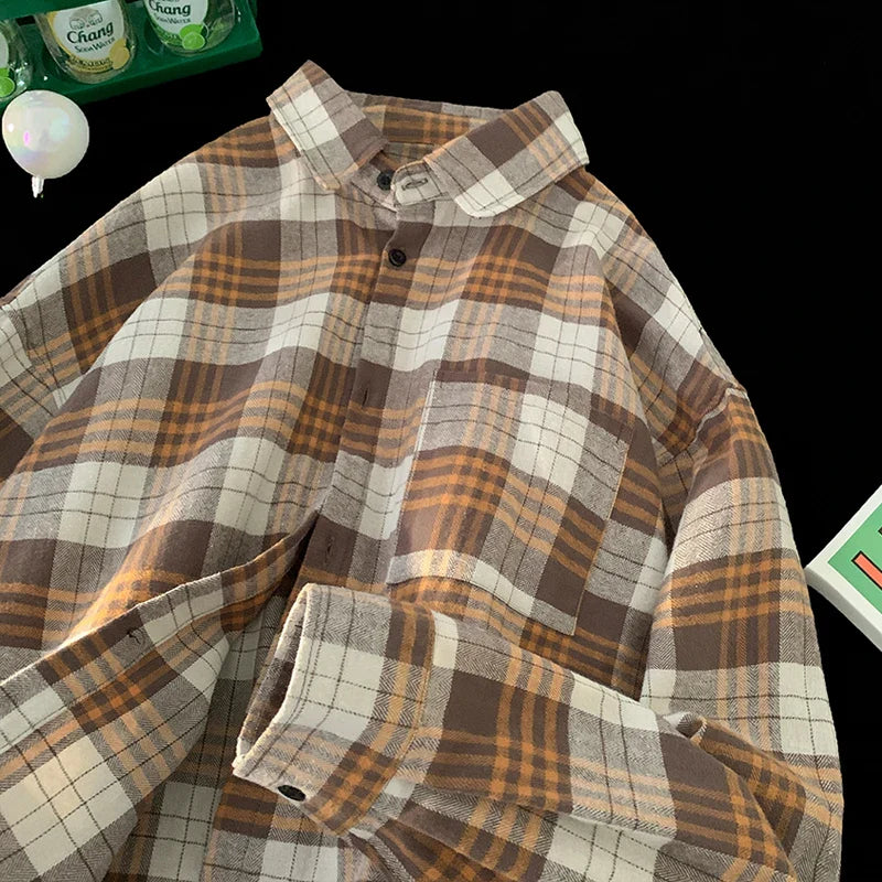 saferido Korean Street Plaid Shirt Coat Men's Long Sleeve Turn Down Collar Casual Shirts Vintage College Style Unisex Fashion Clothing
