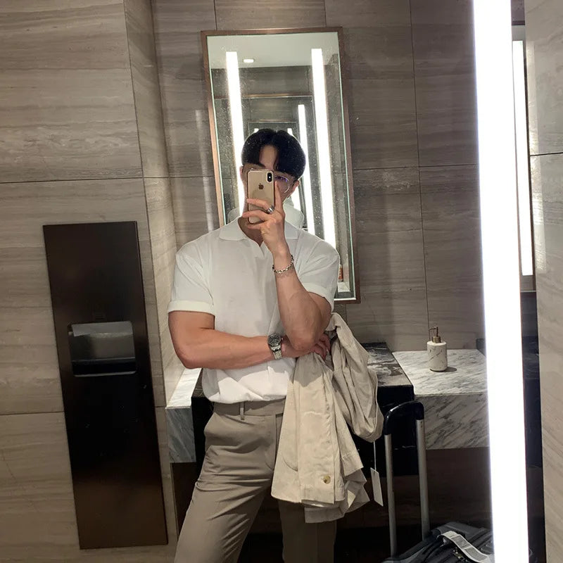 Men's Luxury Knitted V Neck Polo Shirt Leisure Solid Color Short Sleeve T-shirt Breathable Fashion Korean Popular Knitwear