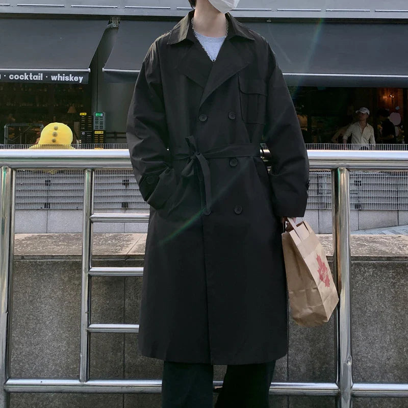 saferido Korean style Autumn New Trench Coat Male Pocket Decor Streetwear Windbreaker Trenchcoat Men Solid Casual Loose Office Overcoat