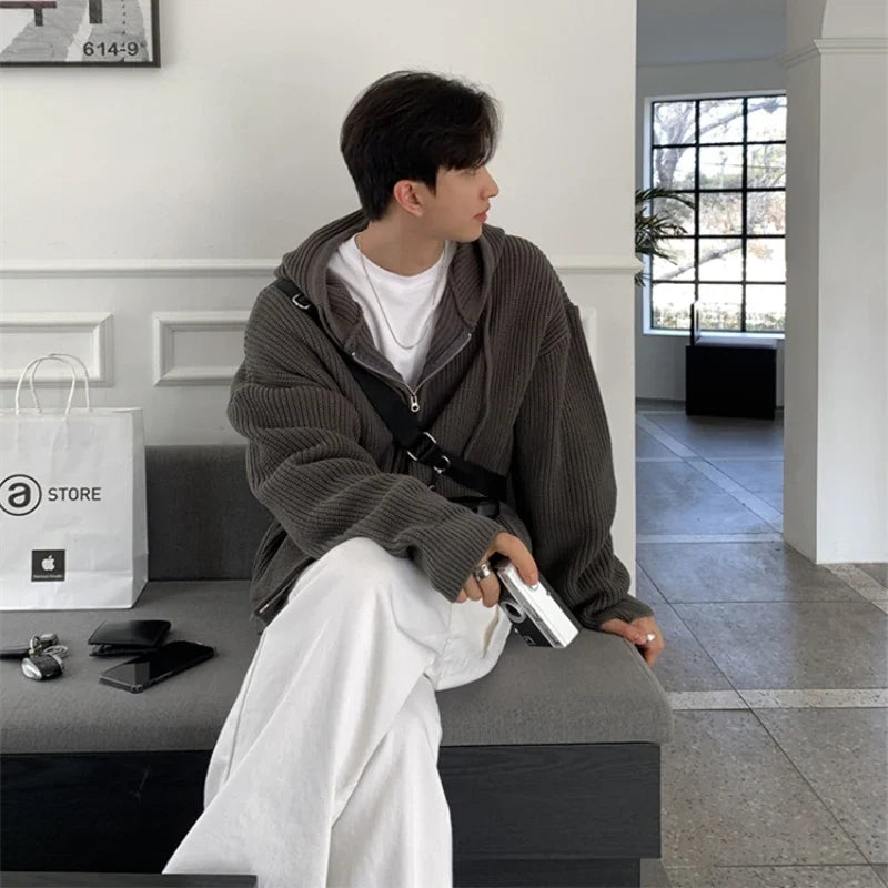 Winter Sweater Cardigan Men Warm Oversized Knitted Hooded Sweater Coat Men Korean Loose Cardigan Sweater Mens Jumper Clothes