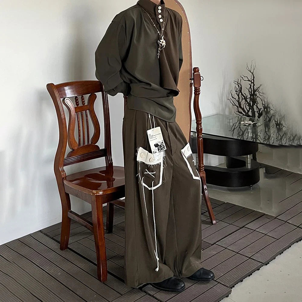 saferido Mens Japanese Loose Lazy Style Culottes Retro Tassel Drape Contrasting Color Splicing Casual Comfortable Simple Trousers For Men