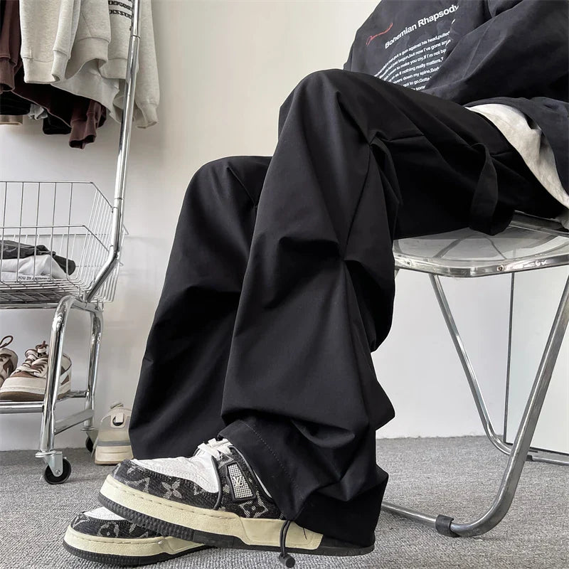 saferido Plus Size 5XL-M High Street Pleated Overalls Men's Fashion Loose Straight Casual Pants Male Solid Color Trousers Spring New