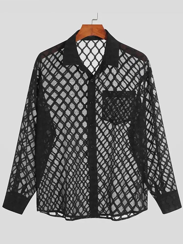 Handsome Well Fitting Men Blouse Vacation Hollow Out Stitching Male Breathable Mesh Long-sleeved Shirts S-5XL Tops