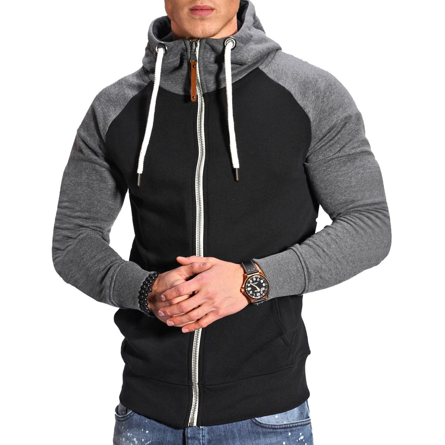 Autumn and Winter Men's Color Matching Sport Plus Fleece Cardigan Hoodie Casual Fashion European Code with Rotator Sleeve Coat