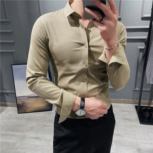 saferido British Style Men High-Grade Long-Sleeve Shirts/Male Slim Fit Business Casual Lapel Shirt Dress Shirt Tops Plus Size S-4XL