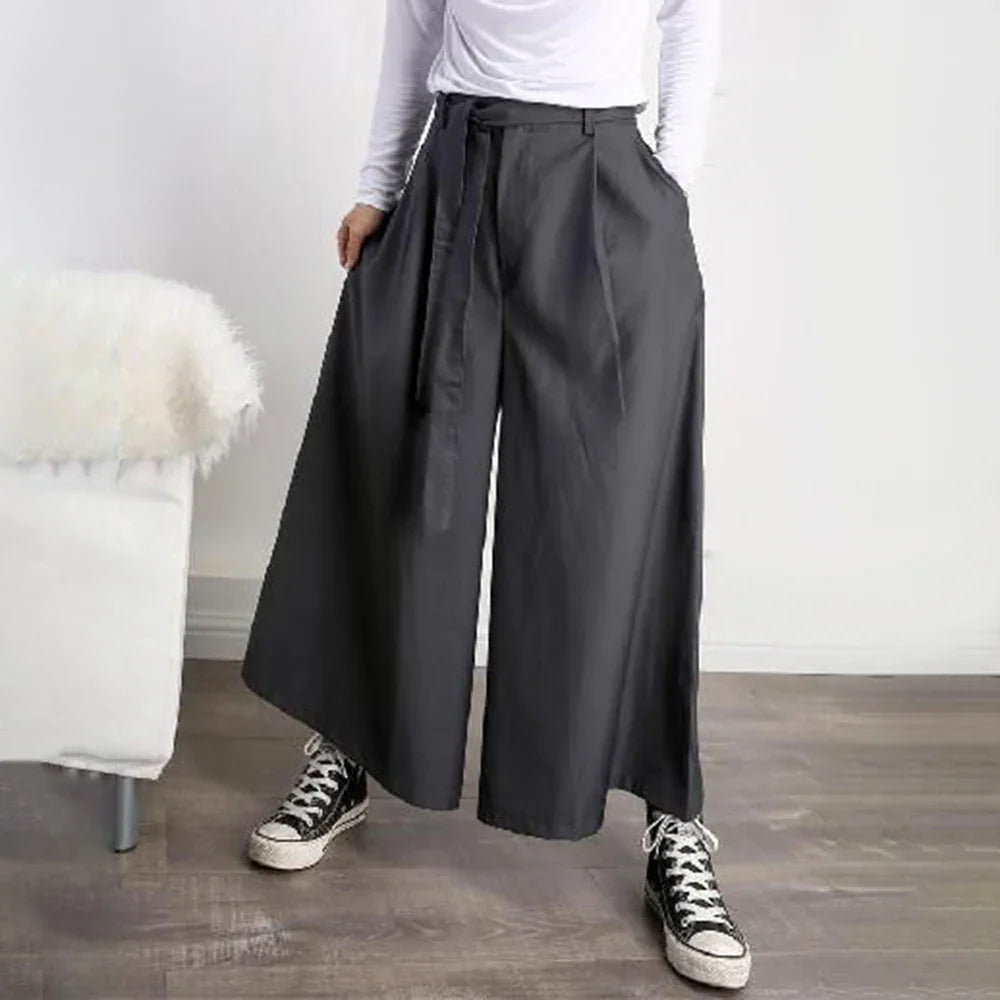 saferido Mens Japanese Casual Street Wide Leg Pants With Belt Genderless Autumn Fashion Trendy Solid Color Loose Nine-Point Skirts Unisex