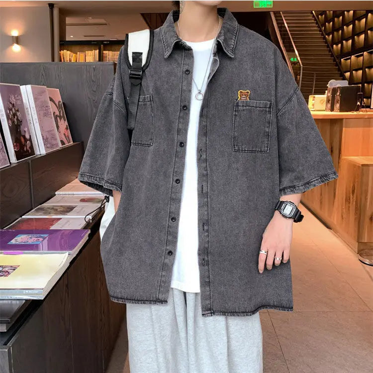 saferido Turn-down Collar Loose Man Shirts Handsome Short Sleeve Button Pockets Solid Korean Fashion Casual Spring Summer Men's Clothing