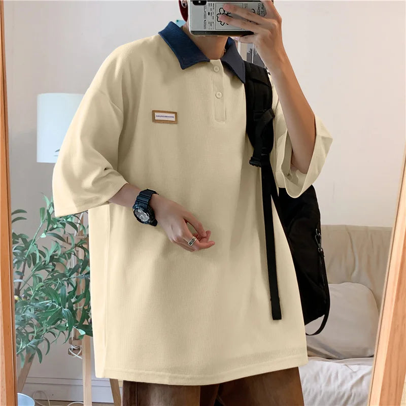 saferido New Arrivals Contrast Color Lapel Polo Shirt Men Summer Japanese Waffle Short Sleeve T-shirts Loose All-match Casual Tee
