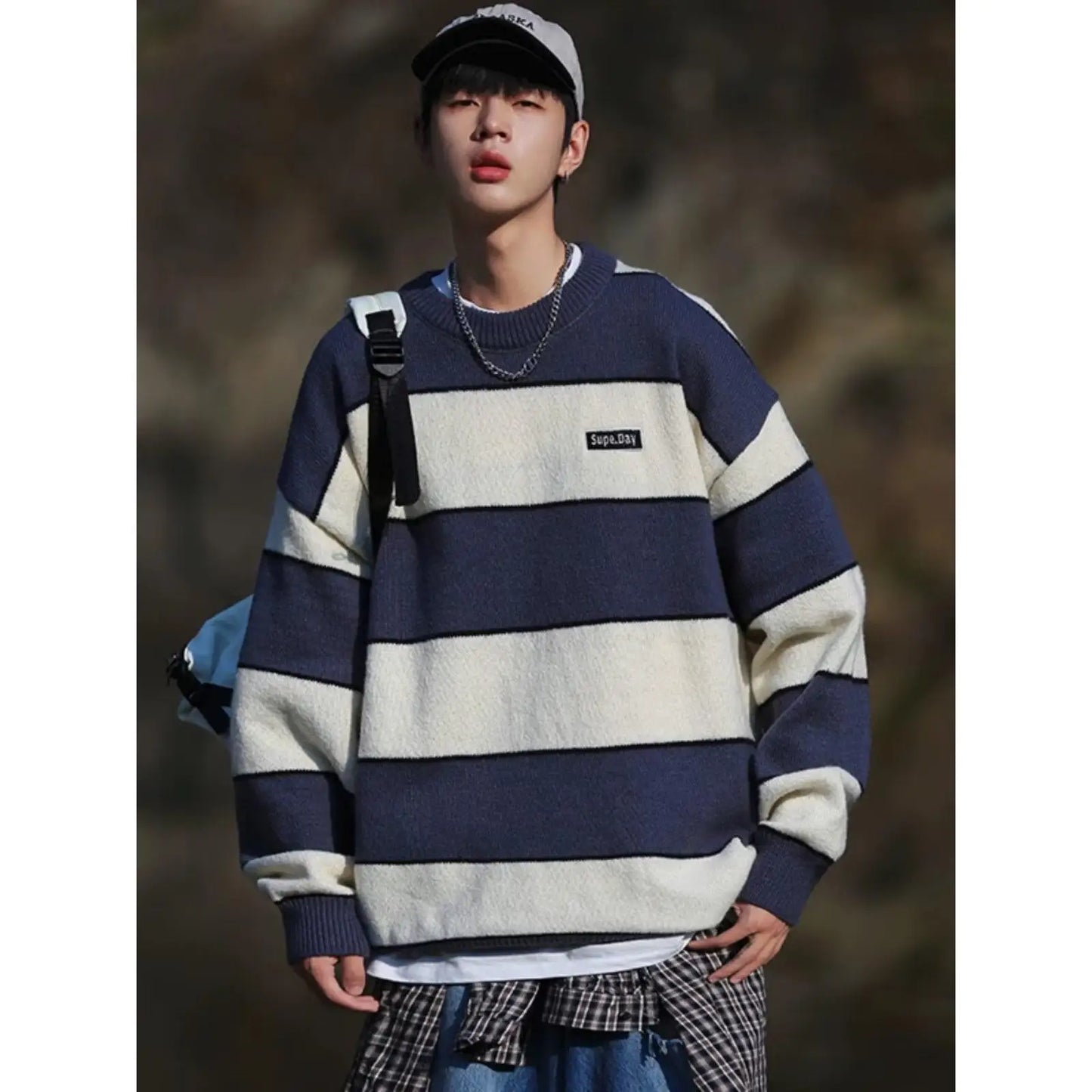 saferido Hip Hop Korean Stripe Contrast Color Autumn and Winter New Fashion Sweater Men's Loose Relaxed Student Round Neck Lazy Style