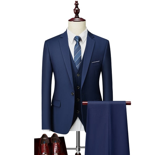 Men Slim Business Casual Suits Dress Three-piece Set Jacket Pants Vest / Male Wedding Groom Blazer Coat Trousers Waistcoat