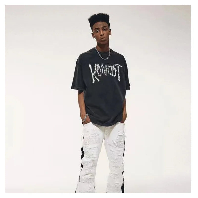 saferido Fashion Retro Skeleton Top Cotton Loose Casual Short Sleeve T-shirt Men's American Style