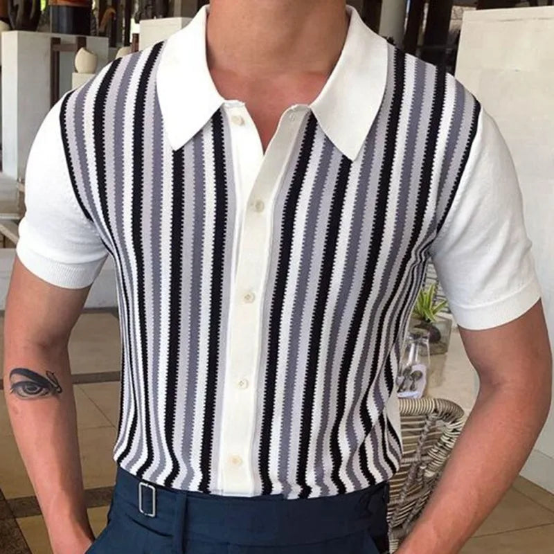 Men's Summer Casual Stripe Shirts Knitted Vintage British Breathable Patchwork Short Sleeve Jacquard Business Polo Shirt