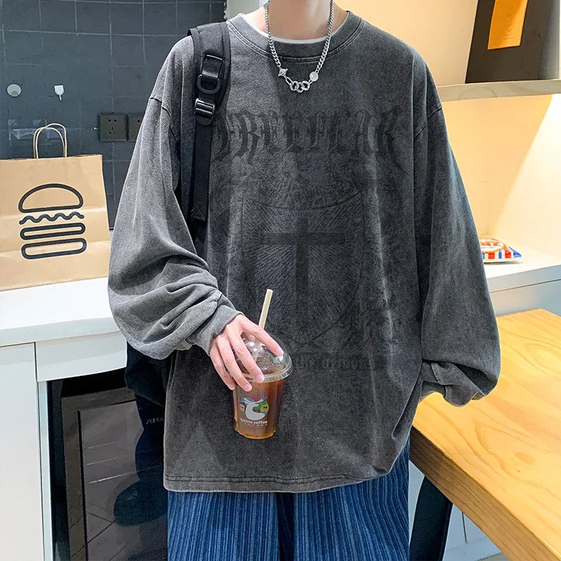 saferido Spring Autumn New Men's Loose Sweatshirt Gothic Wear American Printed Long-sleeved Tshirt Hip Hop Round Neck Sweatshirts