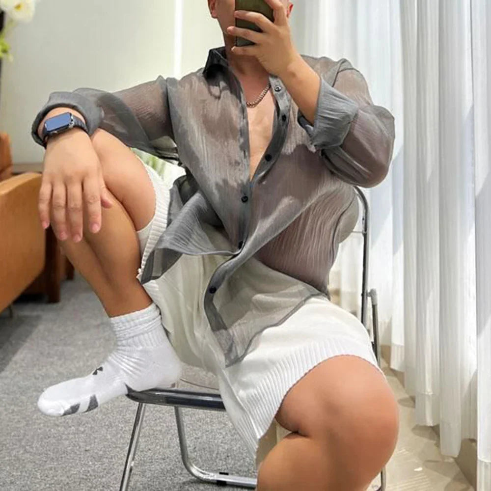 saferido Trendy Fashion Shirt Men's See-through Solid All-match Blouse Spring Summer New Sexy Mesh Long-sleeved Shirts LGBT Streetwear