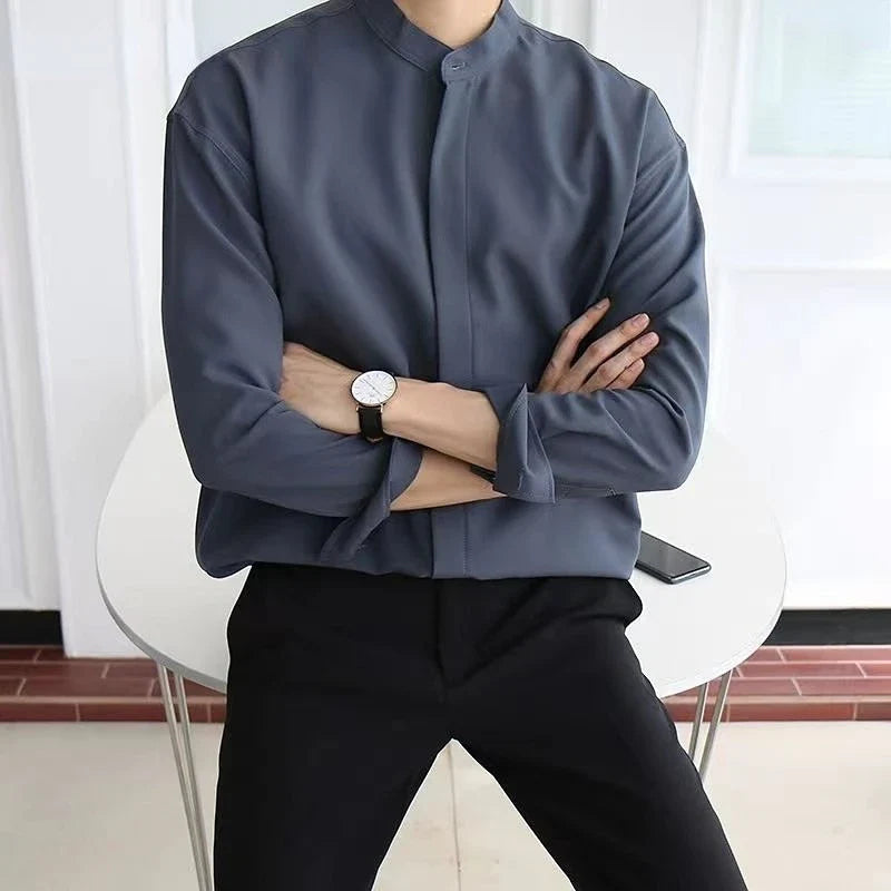 New Silk Senior Sexy Dark Blue Shirt for Men Solid Color Long Sleeve Stand-up Collar Loose Business Casual Iron-free Shirt