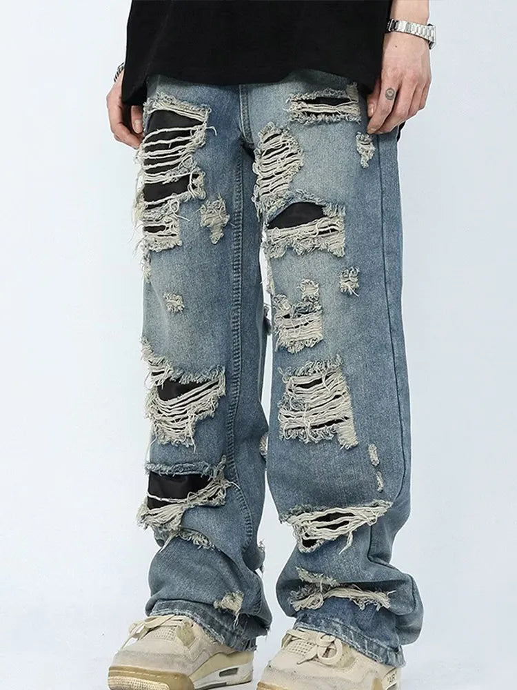 Straight Hole Beggar Zipper Long Pants Men Solid Streetwear High Waist Jeans Trousers Male Autumn Fashion Men's Clothing