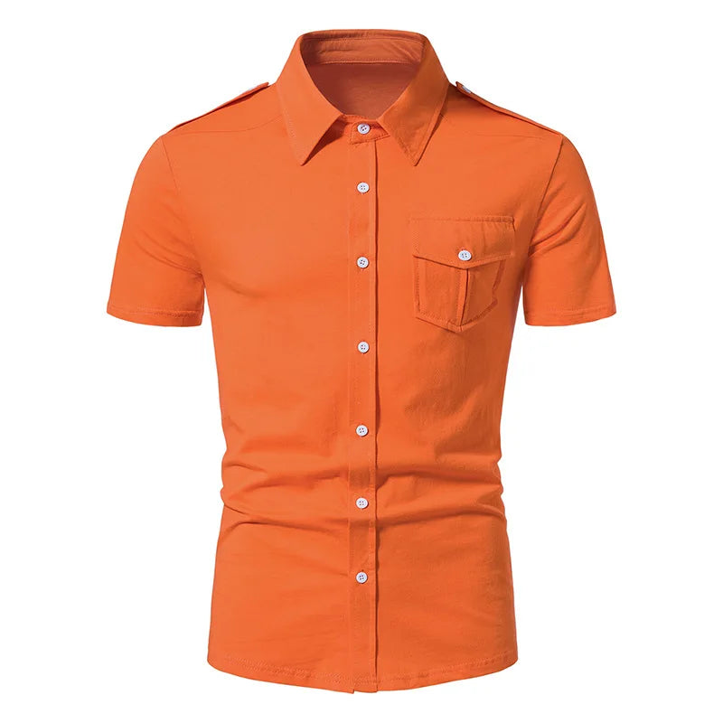 New High Quality Men Solid Color Shirts Summer Short Sleeve Casual Shirt Cotton Slim Fit Chemise Homme Men Clothing S-XXL