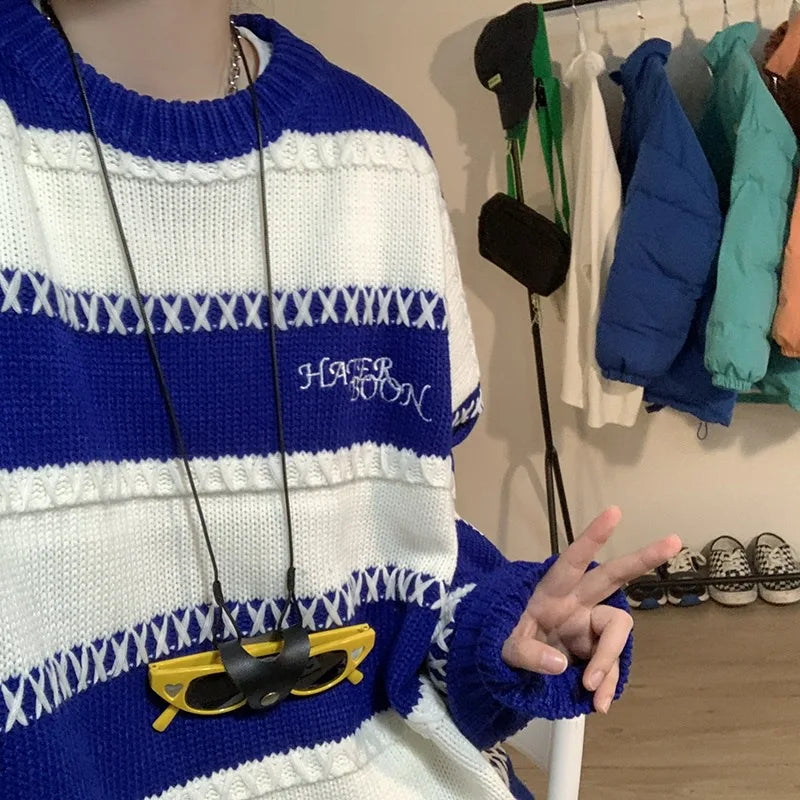 saferido Patchwork Striped Men's Knitted Sweater Blue Pullovers Punk Black Sweaters Male Oversize Korean Streetwear Hip Hop