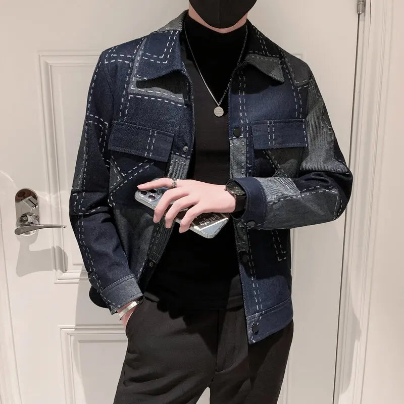 saferido Spring Autumn Men Plaid Jackets Street Casual Slim Fit Cotton Jacket Navy Blue Fashion Men Cowboy Coat Plus Size S-3XL