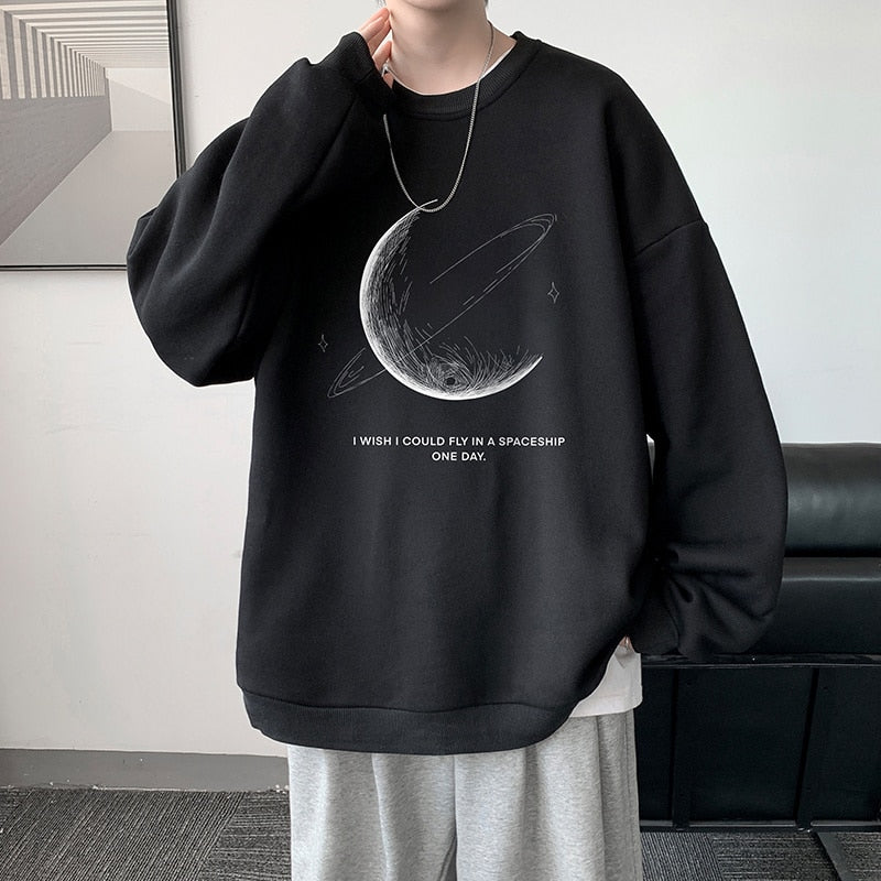 Winter Warm Sweatshirts New Men Simple Stroke Moon Graphic Pullovers Oversized Korean Style Man Letter Print O Neck Tops