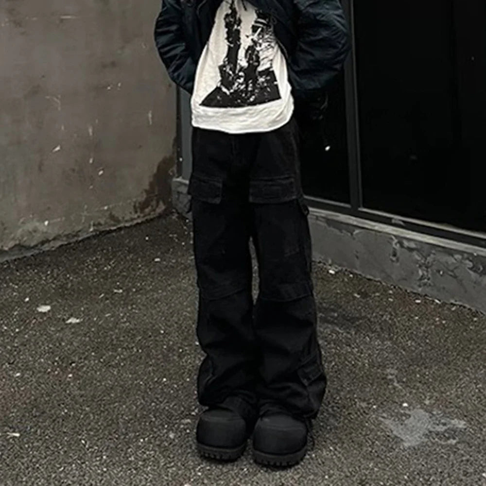 saferido High Street Multi-pockets Washed Black Cargo Pants Mens Straight Pleated Casual Baggy Overalls Oversized Loose Casual Trousers