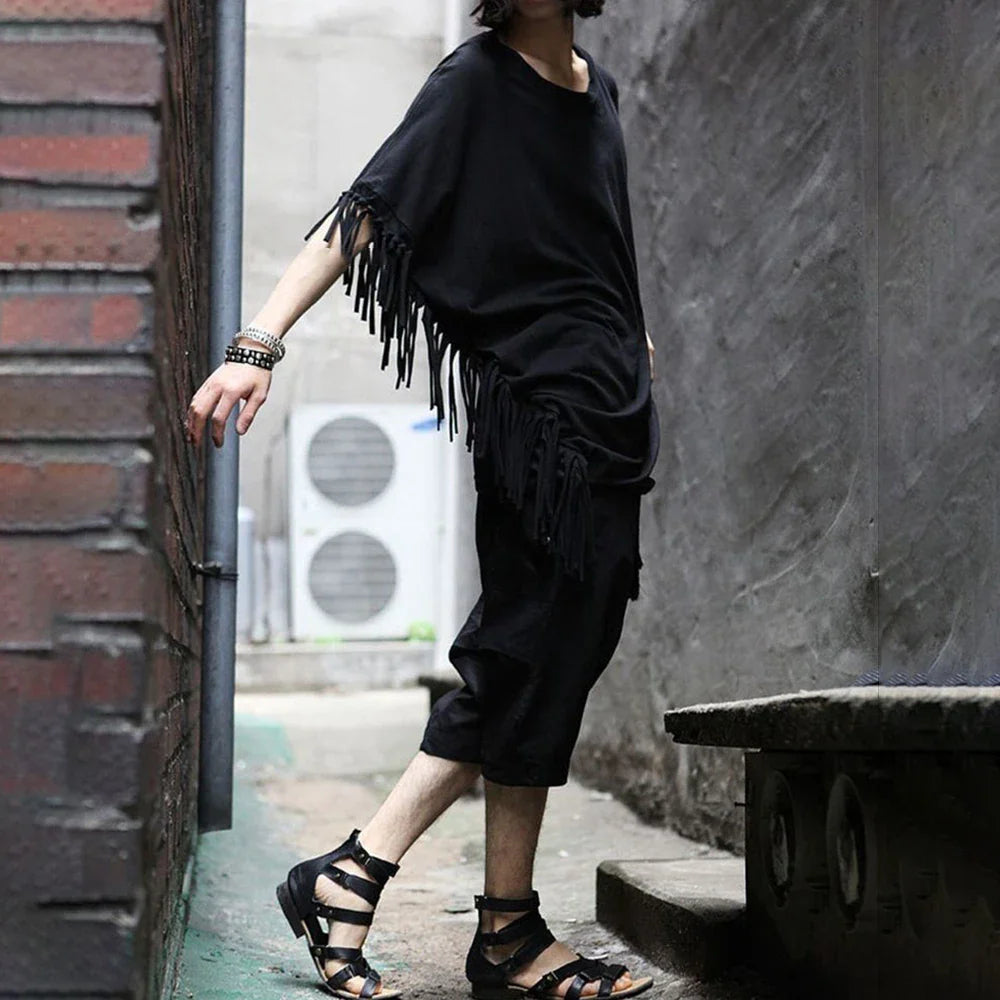 saferido 2024 New Men T Shirt Tassel Solid Color Cloak Punk Style Streetwear Fashion Irregular Tops O-neck Loose Casual Cape Camisetas