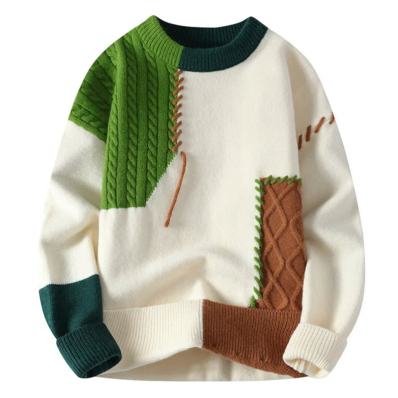 Man Panelled O-neck Jumper Autumn Winter Korean Simple Casual Streetwear Warm Knitted Ribbed Sweater Male Fashion Pullover
