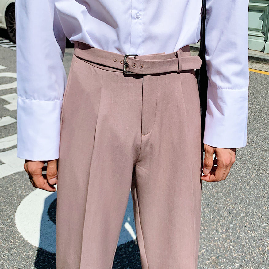 Korean Belt Suit Pants Men Fashion Solid Color Casual Dress Pants Men Loose Straight Trousers Mens Office Formal Trousers 28-34