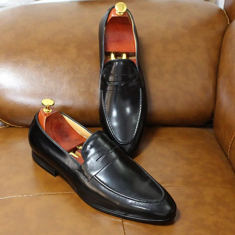 saferido Mens Penny Loafers Leather Shoes Genuine Leather Elegant Wedding Party Casual Dress Shoes Brown Black Shoes for Men